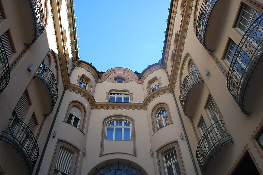 Low angle view of historic European apartment building courtyard