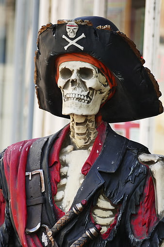 Close-up of a Pirate Skeleton Statue with Tricorn Hat
