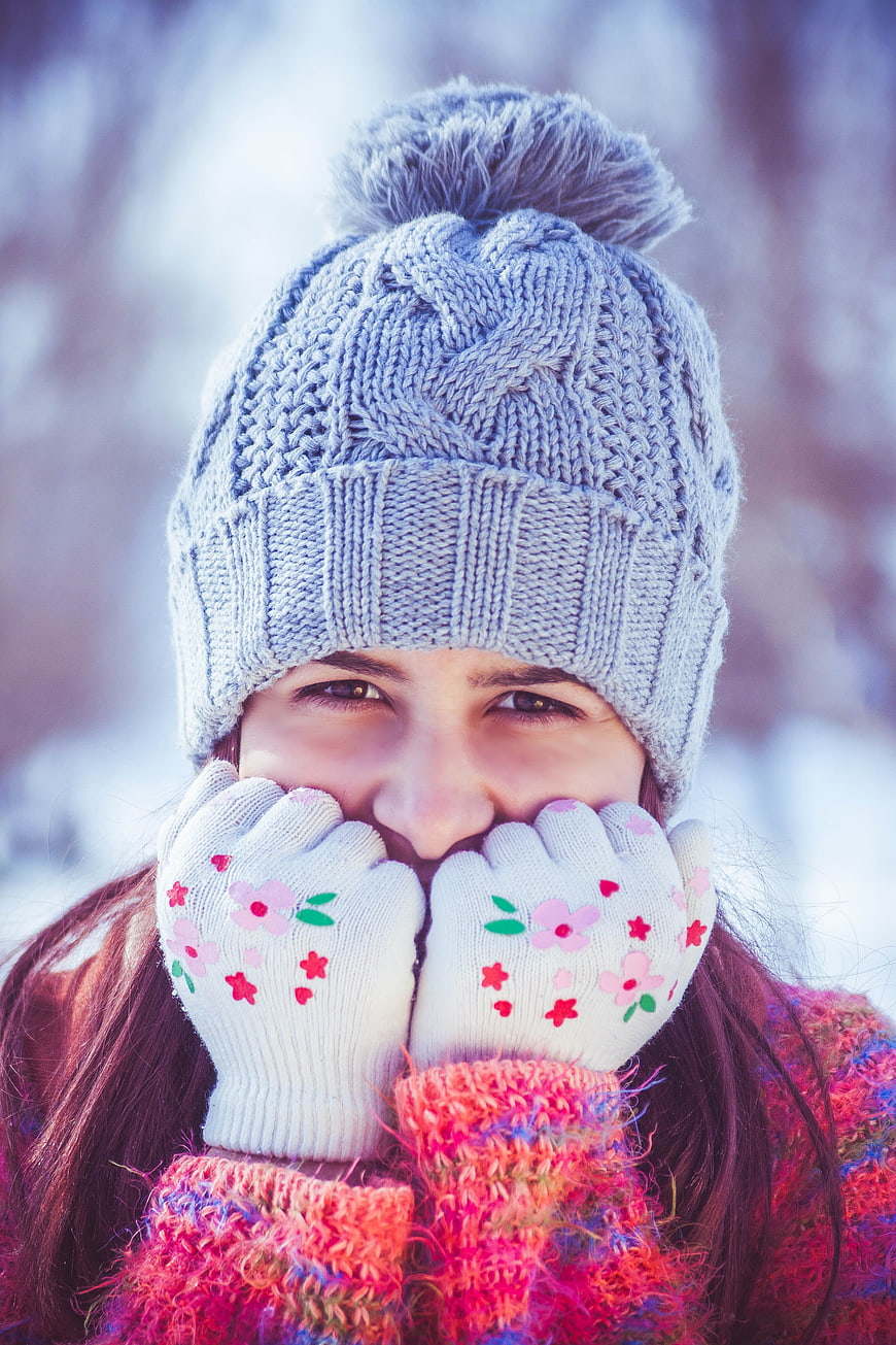 Happy Woman in Winter Hat and Gloves Smiling Outdoors