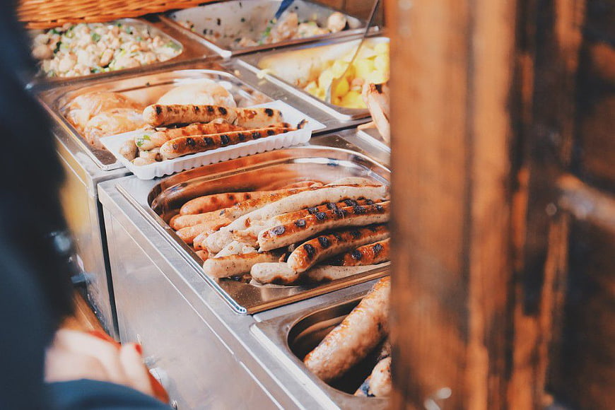 Grilled Sausages at a Catering Buffet