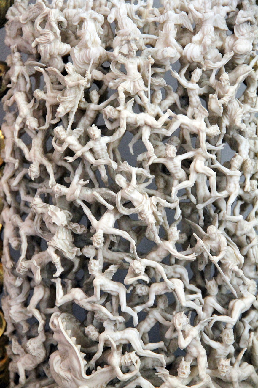 Intricate White Carved Sculpture Panel With Mythological Figures
