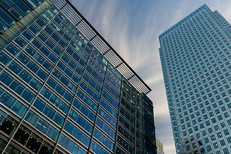Low angle view of modern glass skyscrapers in London