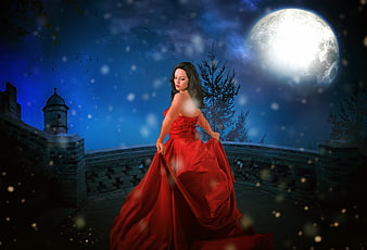 Woman in Red Gown on Castle Balcony Under Full Moon