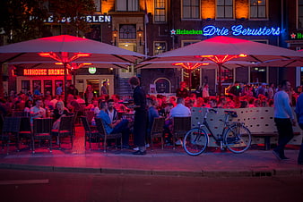 Bustling Dutch Cafe Terrace at Night with Neon Lights