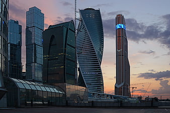 Moscow City Skyscrapers at Sunset with Dramatic Sky