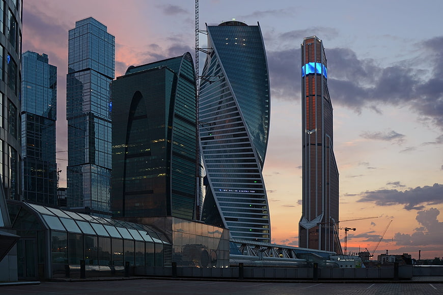 Moscow City Skyscrapers at Sunset with Dramatic Sky