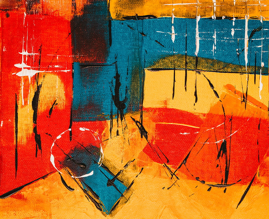 Abstract Acrylic Painting with Vibrant Red, Blue, and Yellow Brushstrokes