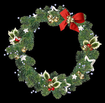 Christmas Wreath With Red Bow, Bells, And Holly On Black Background