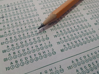 Close-up of orange pencil on standardized test bubble sheet