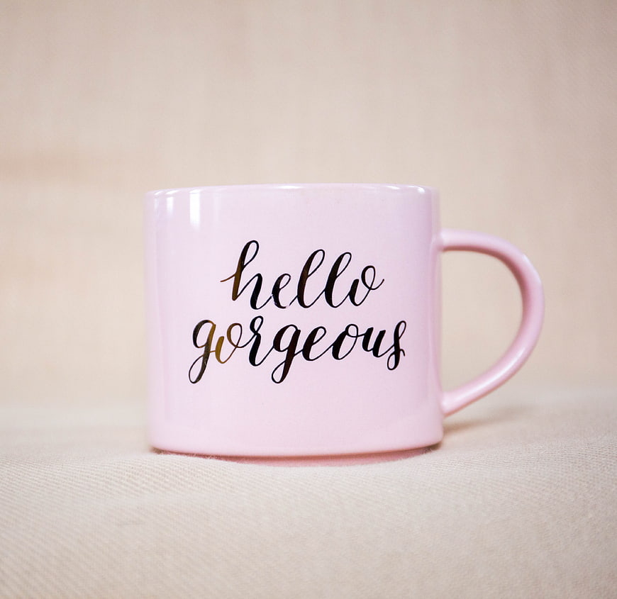 Pink Coffee Mug with Hello Gorgeous Text