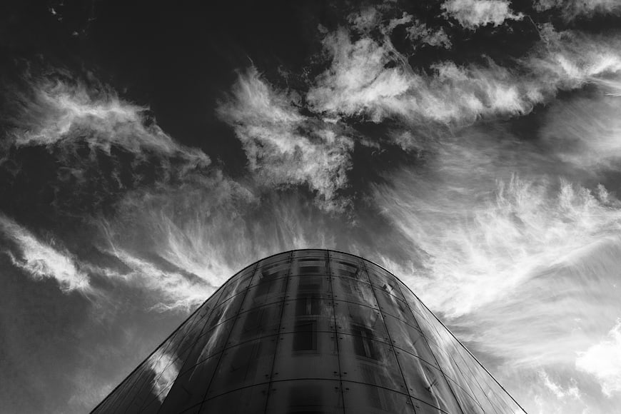 Dramatic Black and White Low Angle Modern Glass Building