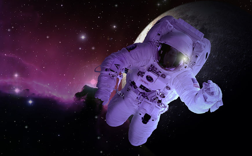 Astronaut floating in space with purple nebula and planet background