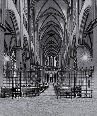 Black and white interior of Gothic cathedral with vaulted ceiling