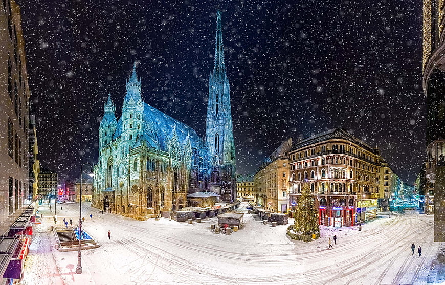 Vienna Stephansdom Cathedral Snowy Night Panorama