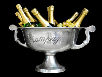 Silver Champagne Bucket with Gold Foil Bottles and Grapes