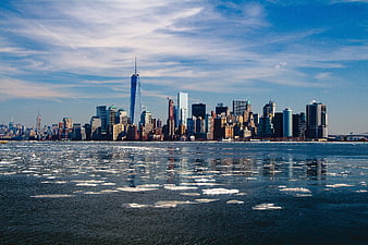 Manhattan Skyline with Ice Floes in Winter