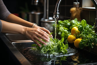 Woman washing fresh basil and lemons in kitchen sink