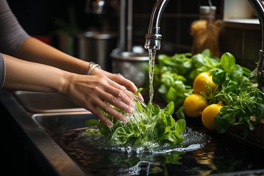 Woman washing fresh basil and lemons in kitchen sink