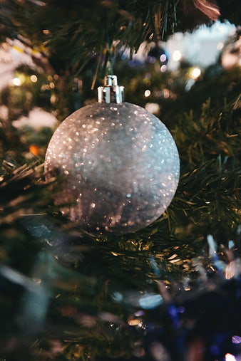 Close-up of Silver Glitter Christmas Ornament on Pine Tree