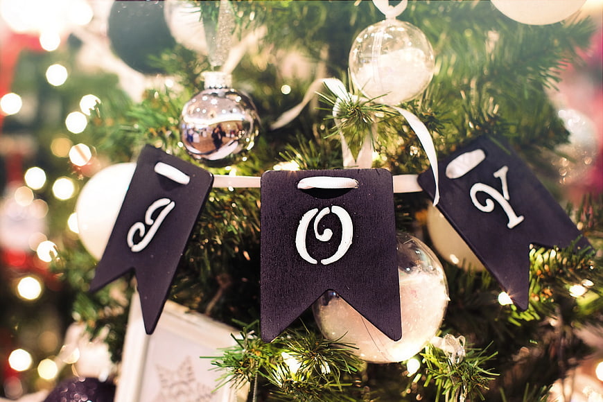 Close-up of JOY Banner on Christmas Tree with Ornaments