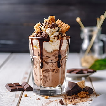 Chocolate Ice Cream Sundae with Whipped Cream and Biscuits