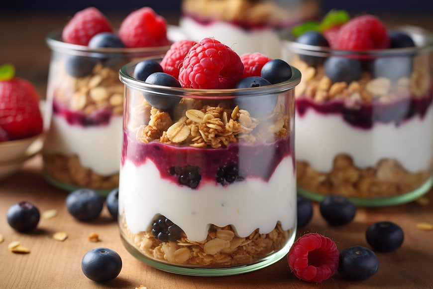 Fresh Berry Yogurt Parfait with Granola in Glass Jar
