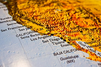 Close-up of California and Baja California on a topographic map