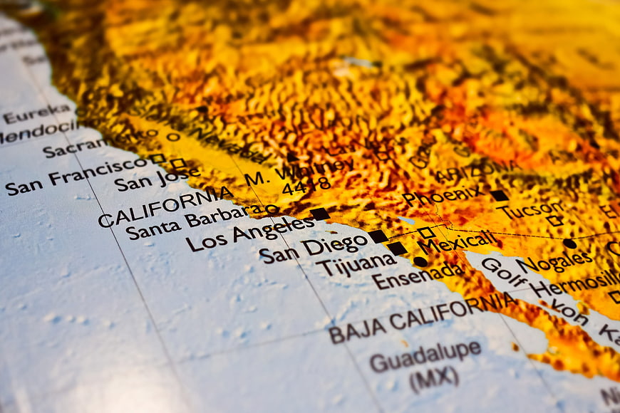 Close-up of California and Baja California on a topographic map
