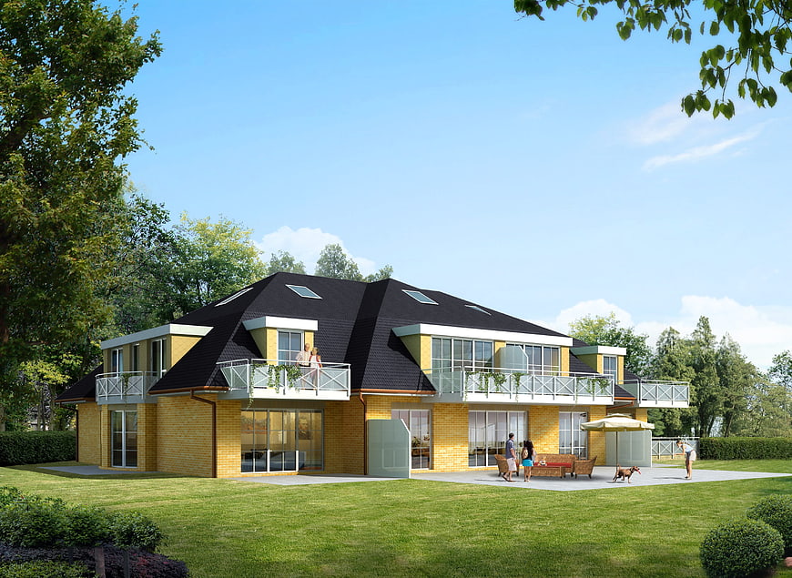 Modern Yellow Brick Villa Architectural Rendering With Garden