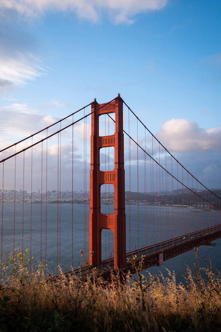 Golden Gate Bridge Tower with San Francisco Skyline and Golden Grass