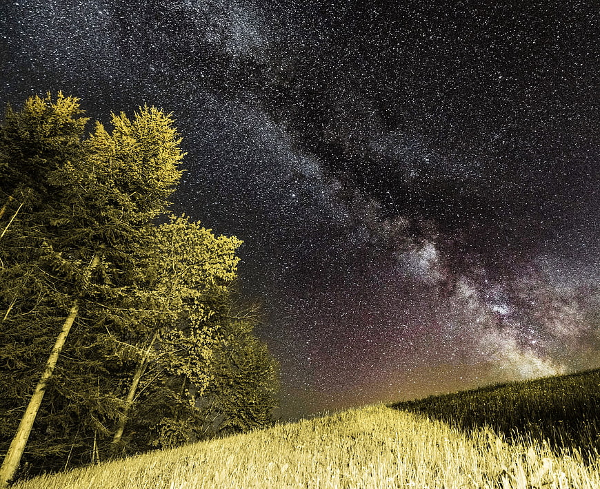 Milky Way Galaxy Over Forest and Grassy Hill at Night
