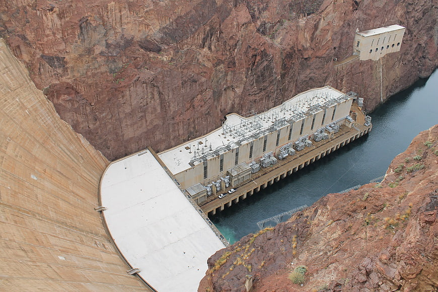 Aerial View of Hoover Dam and Powerhouse in Black Canyon