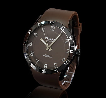 Brown Leather Strap Omax Analog Watch on Black Background