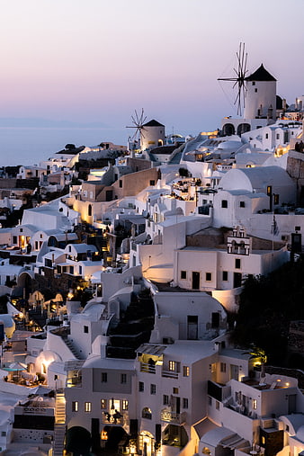 Santorini Windmills at Dusk with White Cycladic Architecture