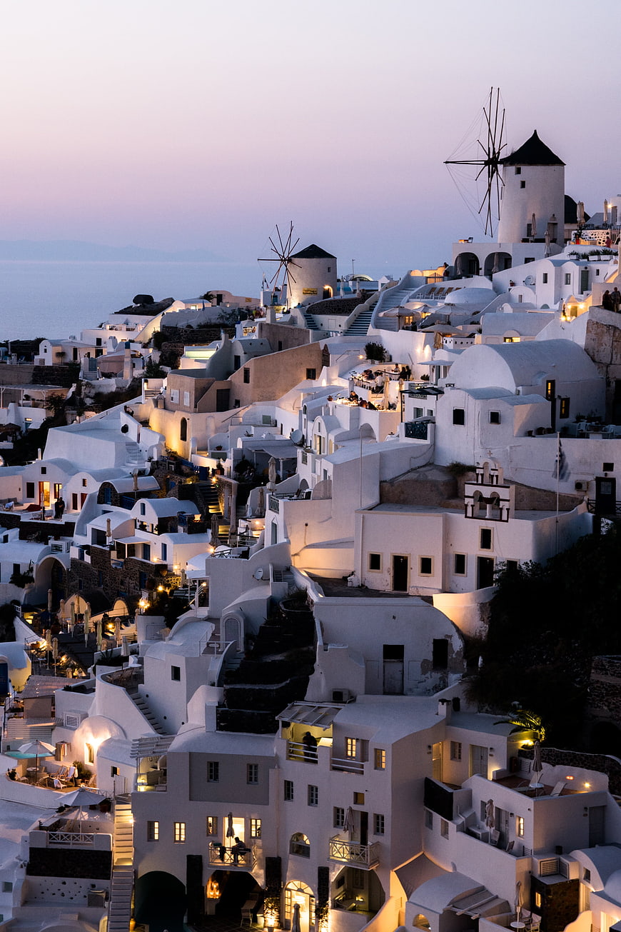 Santorini Windmills at Dusk with White Cycladic Architecture