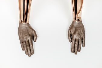 Top view of metallic bronze mannequin hands on white background