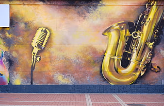 Golden Saxophone and Microphone Street Art Mural