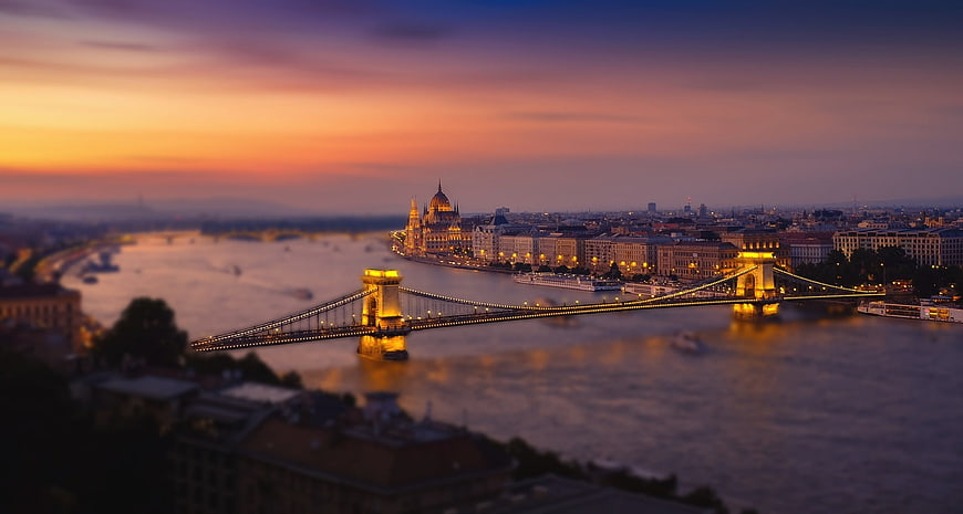 Budapest Cityscape at Dusk with Chain Bridge and Parliament