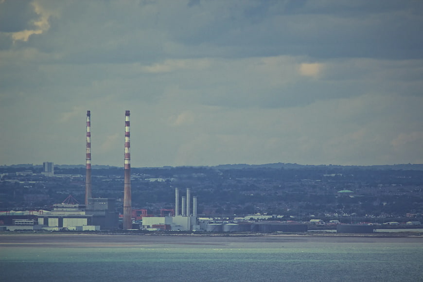 Industrial Power Plant Chimneys by the Water