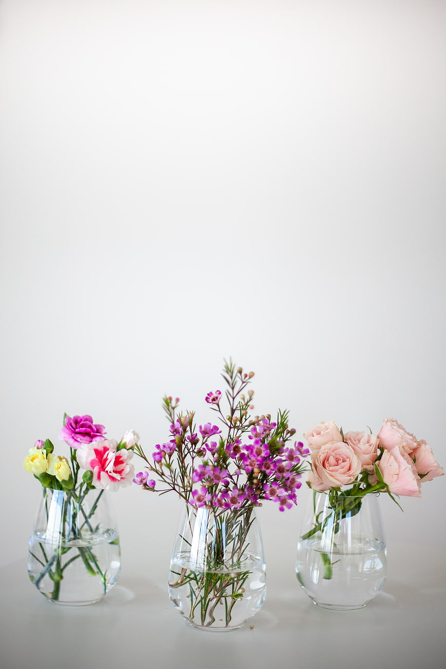 Three Glass Vases with Pink and Purple Flowers on White Background