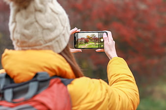 Woman taking photo of autumn foliage with smartphone
