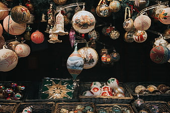 Vintage Christmas Ornaments Hanging in Market Display