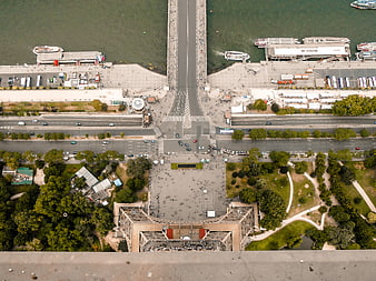 Aerial view of Eiffel Tower and Trocadero from above