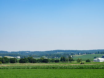 Wide rural landscape with green fields and blue sky