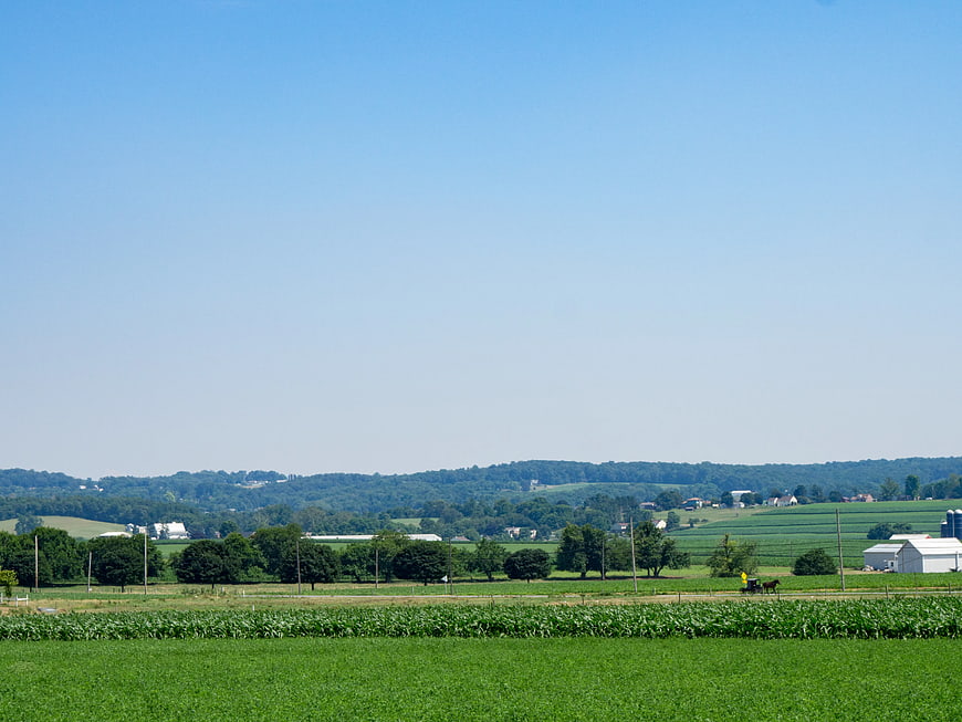 Wide rural landscape with green fields and blue sky