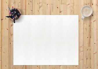 Top View Blank Paper on Wooden Desk with Coffee and Pens