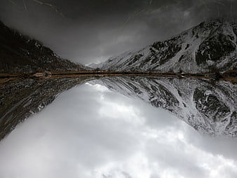 Snowy Mountain Valley Reflection in Lake