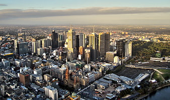 Aerial View of Melbourne Skyline at Sunset