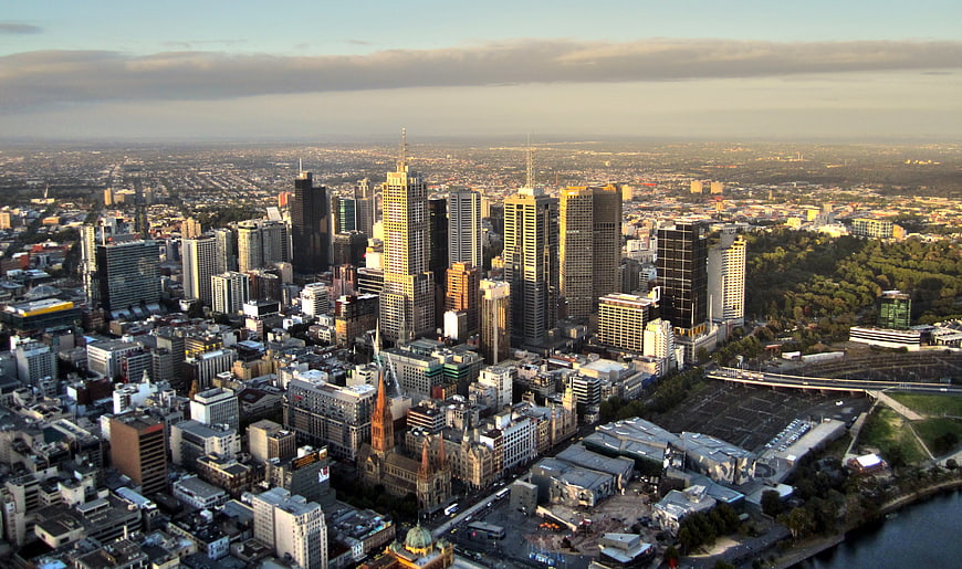 Aerial View of Melbourne Skyline at Sunset