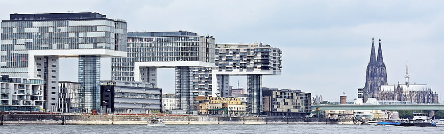 Cologne skyline with Kranhäuser and Cathedral across Rhine